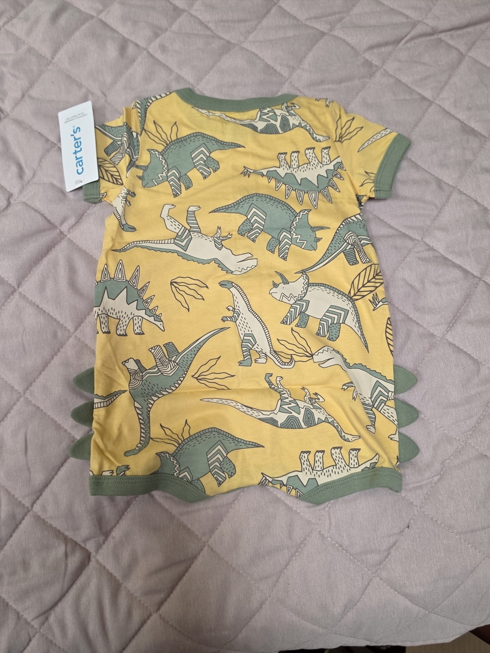 Carter's Yellow Dino Short Sleeve Romper with Green Trim
